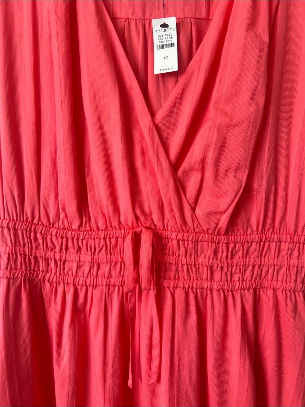Talbots NWT Coral V-Neck Fit & Flare Midi Dress Pockets Smocked Waist Size 10 - Picture 3 of 9